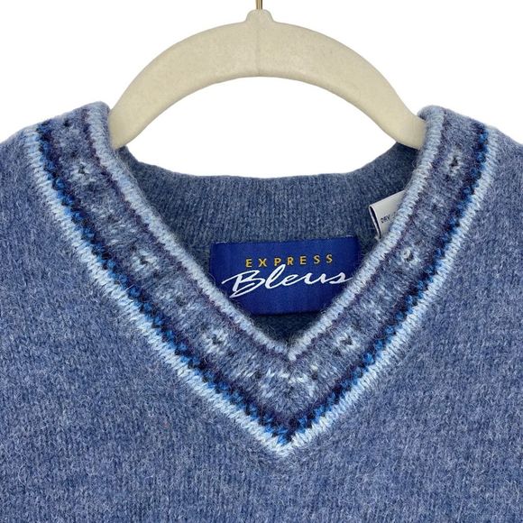 Vintage Wool V-neck Sweater Nordic Pastel Blue Boxy Soft - Picture 3 of 6